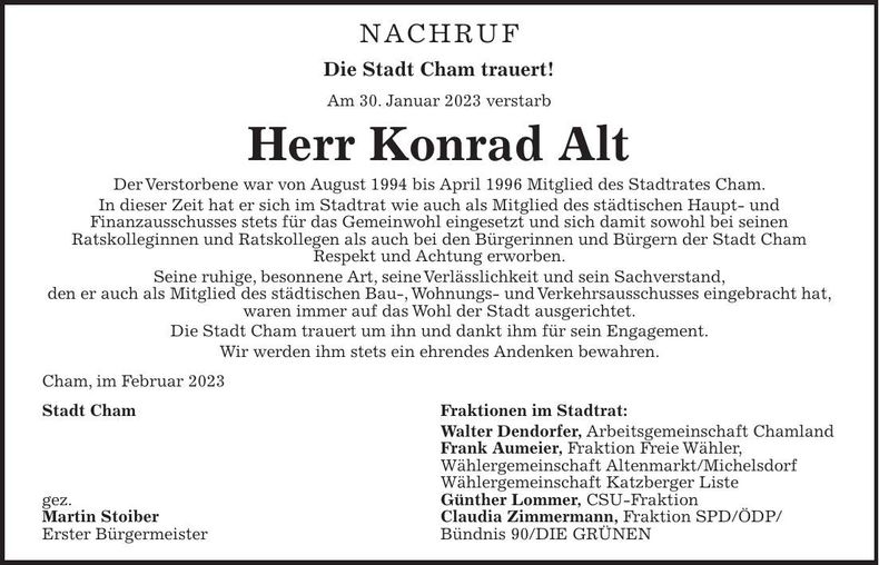 Traueranzeige Konrad Alt
