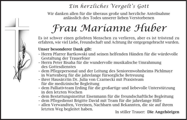 Traueranzeige Marianne Huber