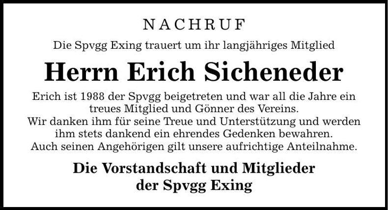 Traueranzeige Erich Sicheneder