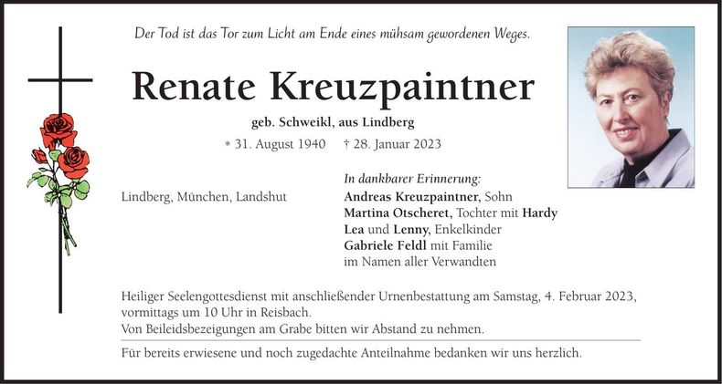 Traueranzeige Renate Kreuzpaintner