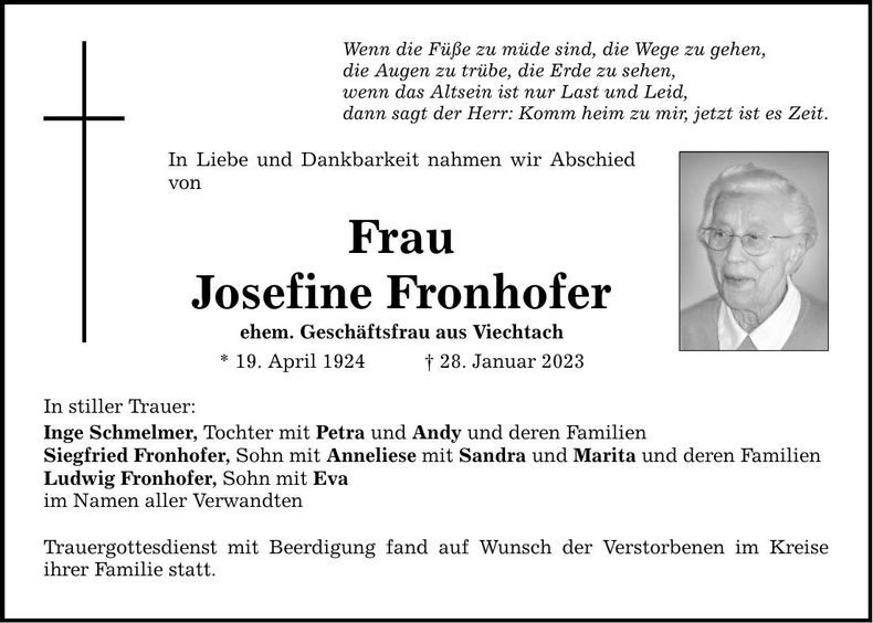 Traueranzeige Josefine Fronhofer