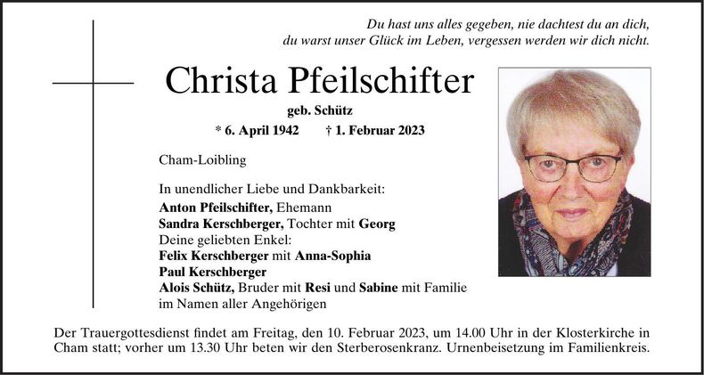 Traueranzeige Christa Pfeilschifter