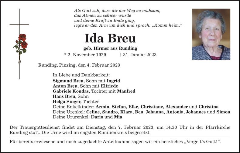 Traueranzeige Ida Breu