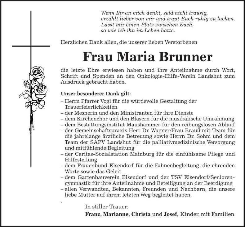 Traueranzeige Maria Brunner