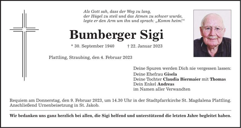 Traueranzeige Sigi Bumberger