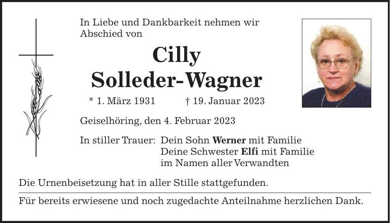 Traueranzeige Cilly Solleder-Wagner