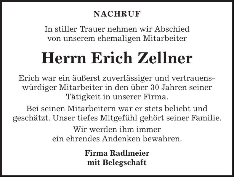 Traueranzeige Erich Zellner