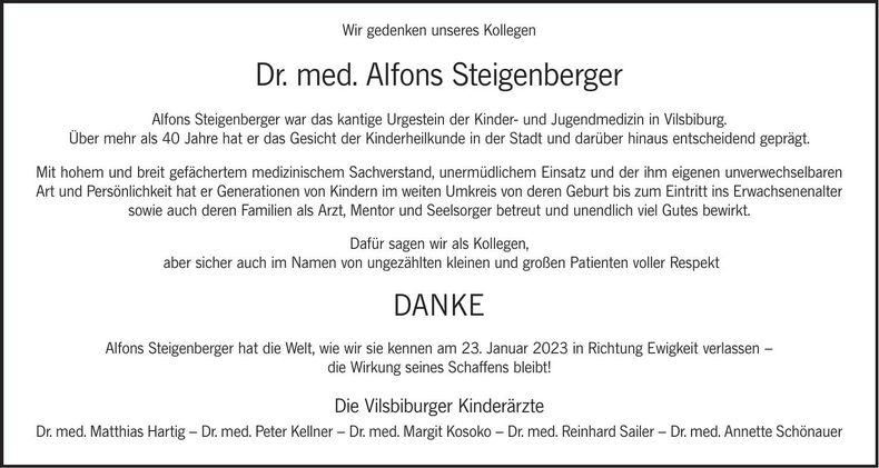 Traueranzeige Alfons Dr. med. Steigenberger