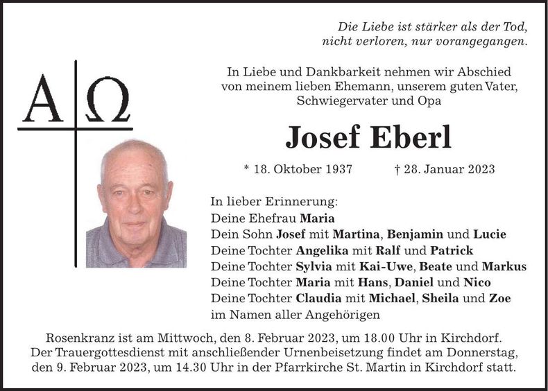 Traueranzeige Josef Eberl