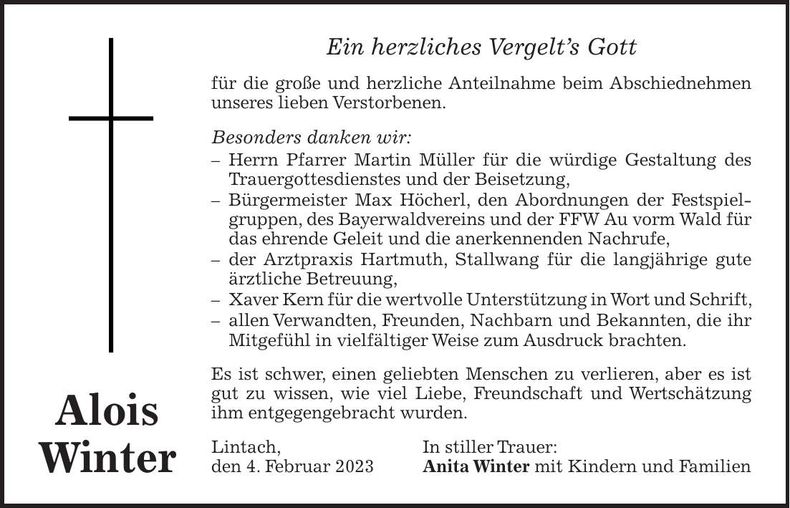 Traueranzeige Alois Winter