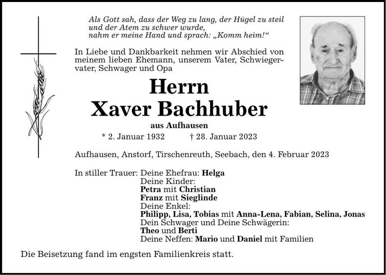 Traueranzeige Xaver Bachhuber