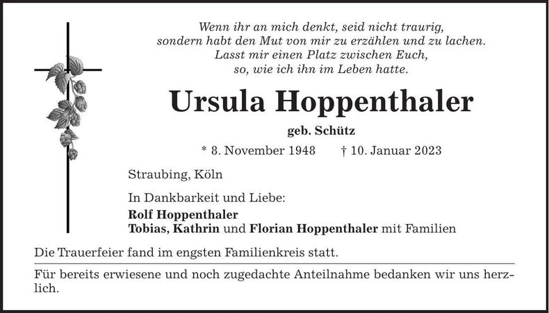 Traueranzeige Ursula Hoppenthaler