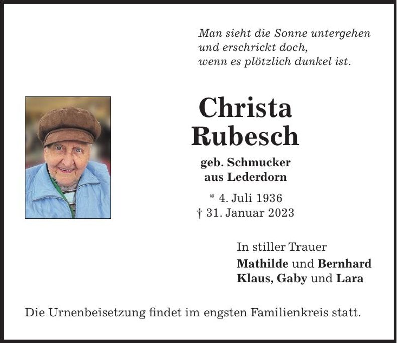 Traueranzeige Christa Rubesch