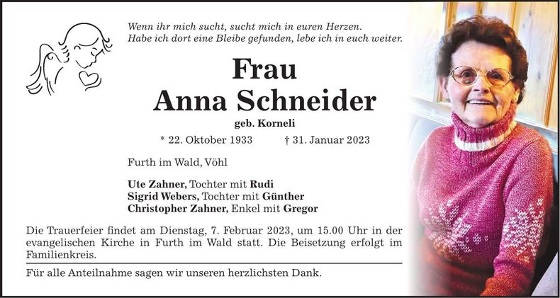 Traueranzeige Anna Schneider