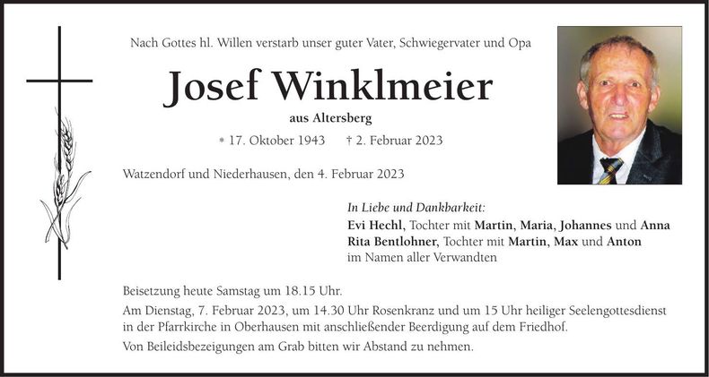 Traueranzeige Josef Winklmeier