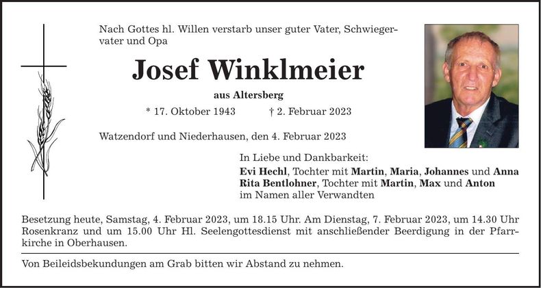 Traueranzeige Josef Winklmeier
