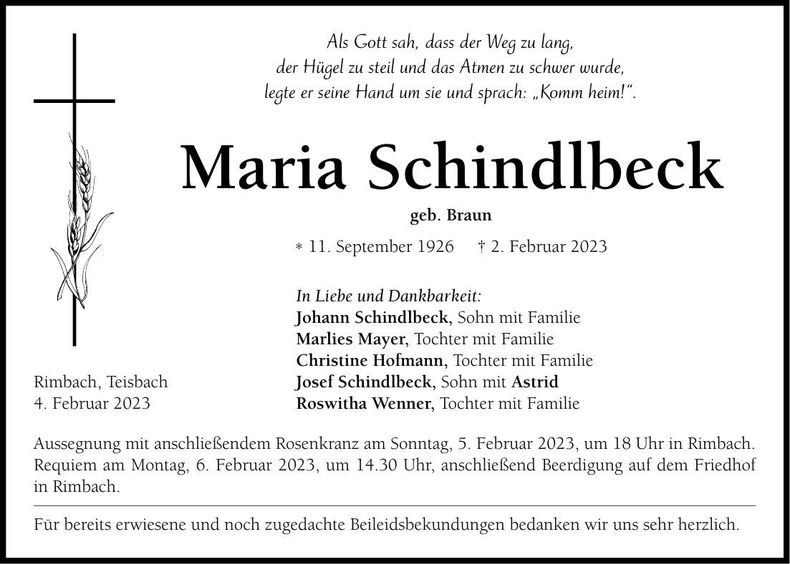 Traueranzeige Maria Schindlbeck