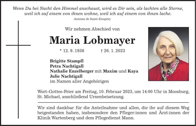 Traueranzeige Maria Lobmayer