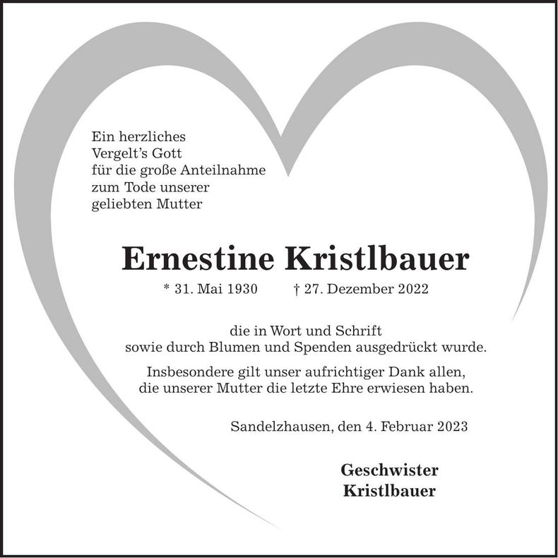 Traueranzeige Ernestine Kristlbauer