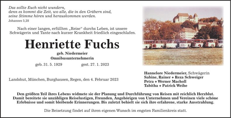 Traueranzeige Henriette Fuchs