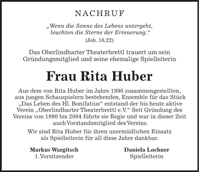 Traueranzeige Rita Huber