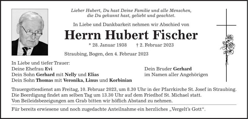 Traueranzeige Hubert Fischer