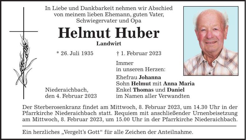 Traueranzeige Helmut Huber