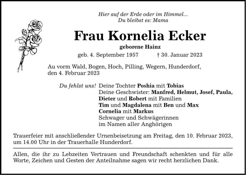 Traueranzeige Kornelia Ecker