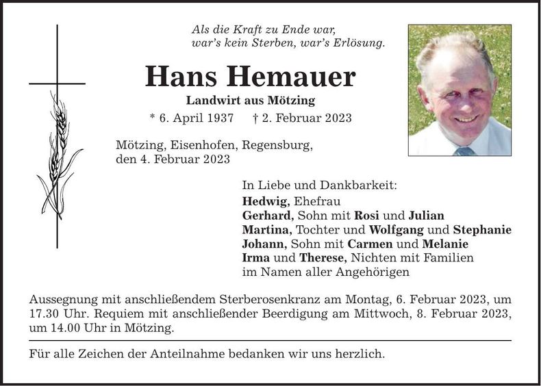 Traueranzeige Hans Hemauer
