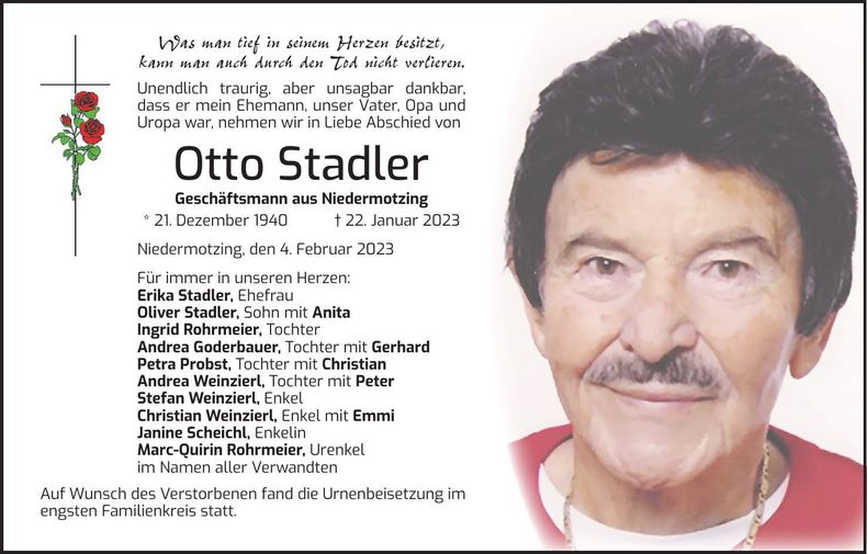 Traueranzeige Otto Stadler