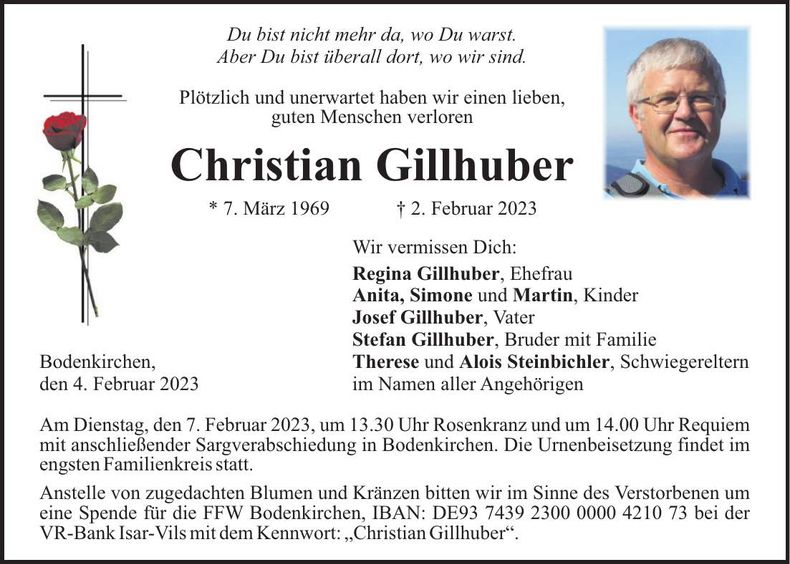 Traueranzeige Christian Gillhuber