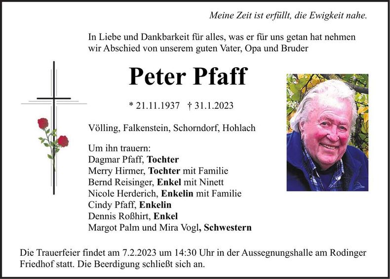 Traueranzeige Peter Pfaff