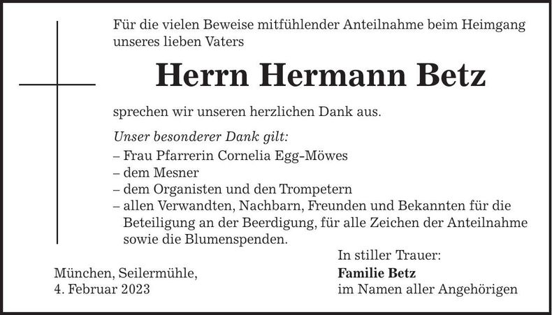Traueranzeige Hermann Betz