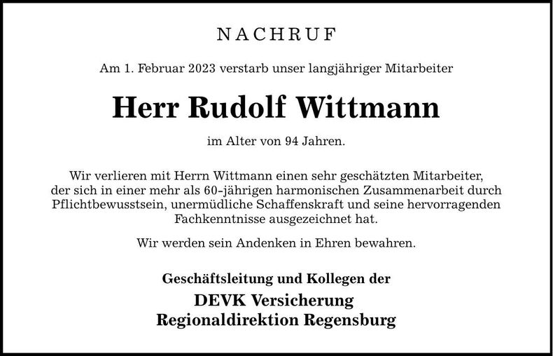 Traueranzeige Rudolf Wittmann