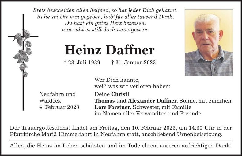 Traueranzeige Heinz Daffner