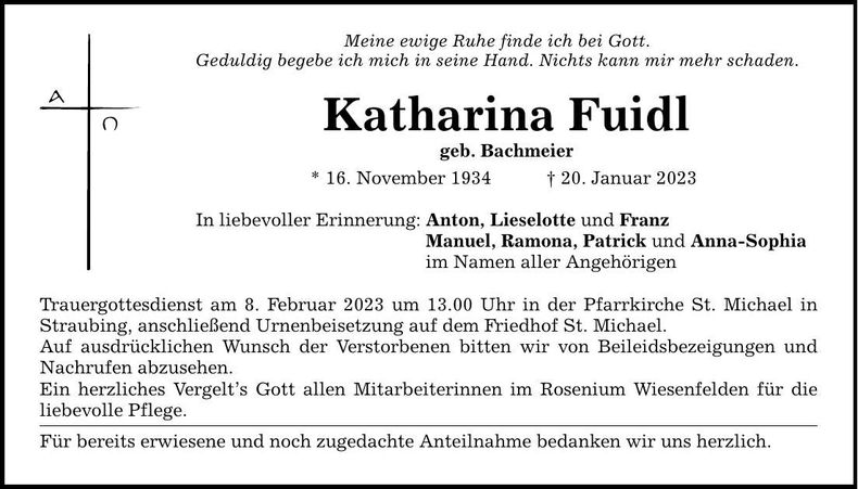 Traueranzeige Katharina Fuidl