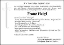 Traueranzeige Franz Heigl