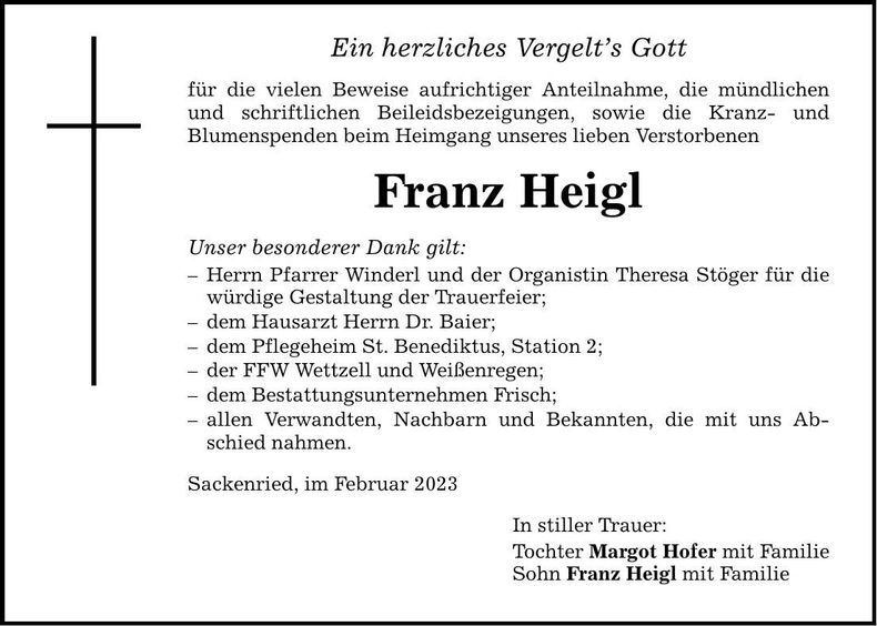 Traueranzeige Franz Heigl