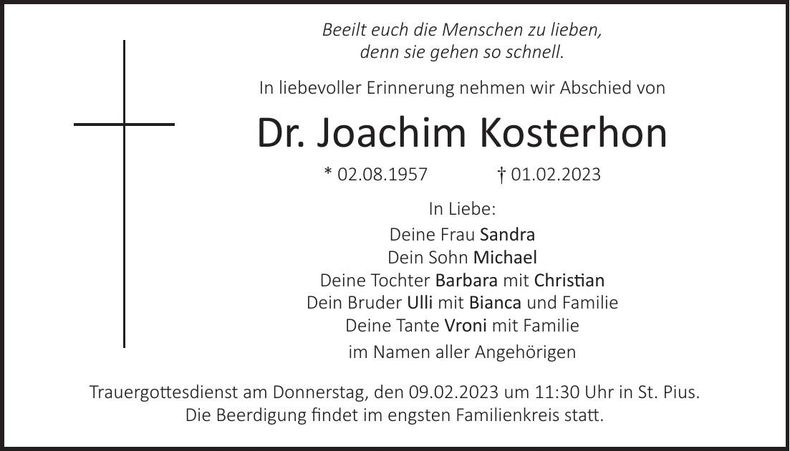 Traueranzeige Joachim Dr. Kosterhon
