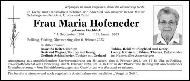 Traueranzeige Maria Hofeneder