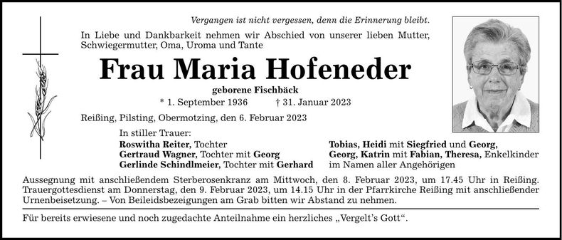 Traueranzeige Maria Hofeneder