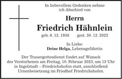 Traueranzeige Friedrich Hähnlein