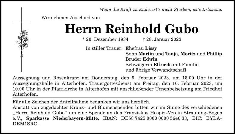 Traueranzeige Reinhold Gudo
