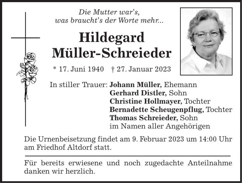 Traueranzeige Hildegard Müller-Schreieder
