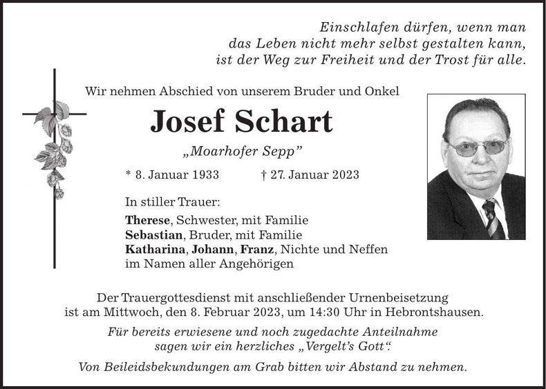 Traueranzeige Josef Schart