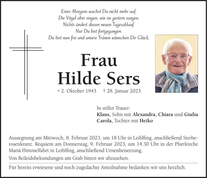 Traueranzeige Hilde Sers