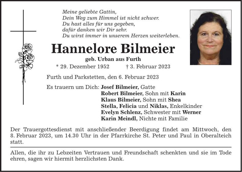 Traueranzeige Hannelore Bilmeier