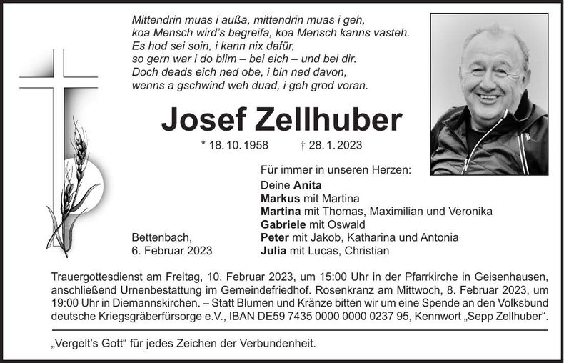 Traueranzeige Josef Zellhuber