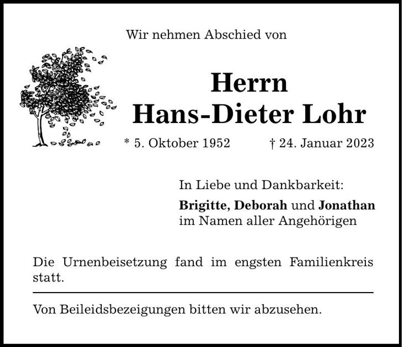 Traueranzeige Hans-Dieter Lohr