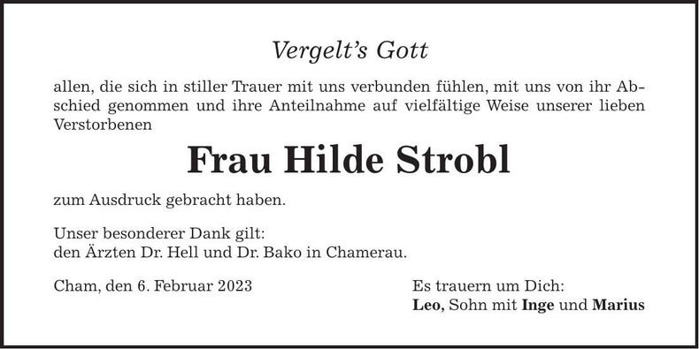 Traueranzeige Hilde Strobl